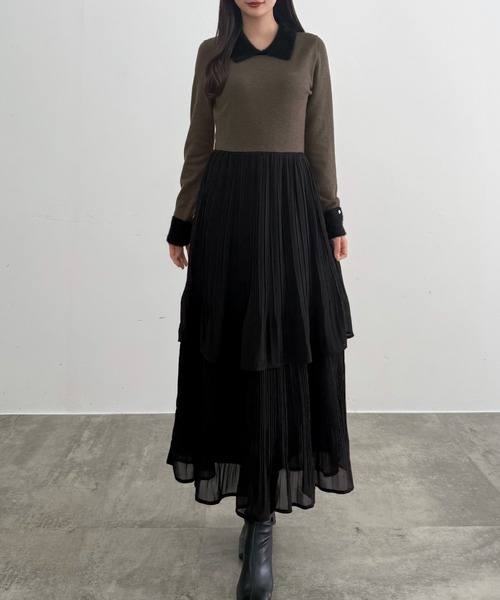 CENEA（セネア）の「ニットドッキングプリーツワンピース（ワンピース・レディース・ブラック/モカ/アイボリー・LARGE/MEDIUM/SMALL）」の3枚目の写真