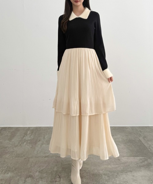 CENEA（セネア）の「ニットドッキングプリーツワンピース（ワンピース・レディース・ブラック/モカ/アイボリー・LARGE/MEDIUM/SMALL）」の5枚目の写真