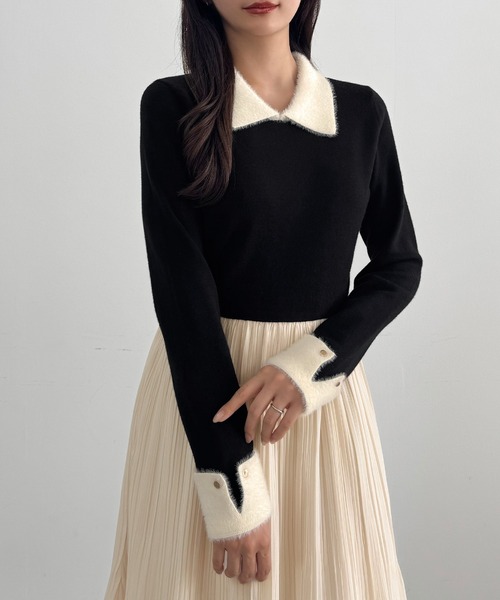 CENEA（セネア）の「ニットドッキングプリーツワンピース（ワンピース・レディース・ブラック/モカ/アイボリー・LARGE/MEDIUM/SMALL）」の6枚目の写真