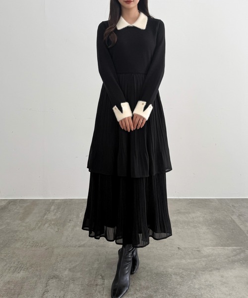 CENEA（セネア）の「ニットドッキングプリーツワンピース（ワンピース・レディース・ブラック/モカ/アイボリー・LARGE/MEDIUM/SMALL）」の8枚目の写真