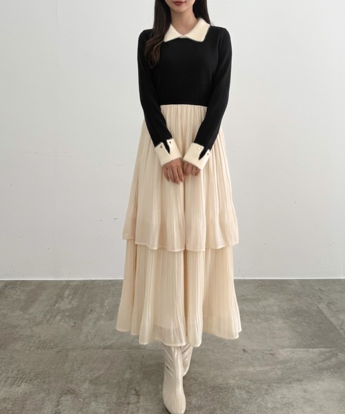 CENEA（セネア）の「ニットドッキングプリーツワンピース（ワンピース・レディース・ブラック/モカ/アイボリー・LARGE/MEDIUM/SMALL）」の4枚目の写真