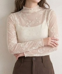 【Jasmine】リボン刺繍シアーハイネックトップス