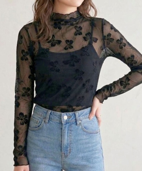 Jasmine Grandiflorum(ジャスミングランディフローラム)の「【Jasmine】リボン刺繍シアーハイネックトップス(Tシャツ/カットソー・レディース・アイボリー/ブラック・FREE)」の3枚目の写真