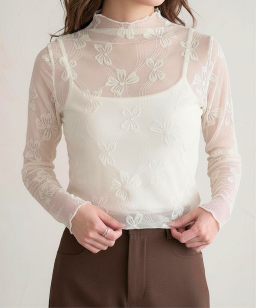 Jasmine Grandiflorum(ジャスミングランディフローラム)の「【Jasmine】リボン刺繍シアーハイネックトップス(Tシャツ/カットソー・レディース・アイボリー/ブラック・FREE)」の7枚目の写真