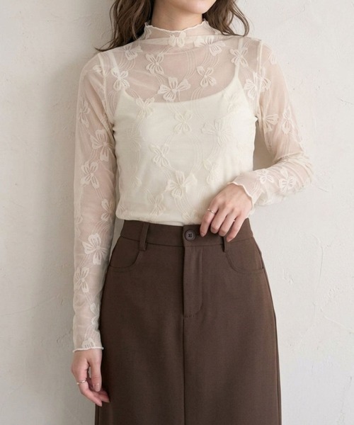 Jasmine Grandiflorum(ジャスミングランディフローラム)の「【Jasmine】リボン刺繍シアーハイネックトップス(Tシャツ/カットソー・レディース・アイボリー/ブラック・FREE)」の8枚目の写真