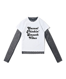 ドットシースルーロングスリーブレイヤードカジュアル半袖Tシャツセット（ブラック/アイボリー）
