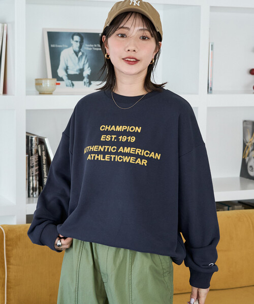 FREAK'S STORE(フリークスストア)の「限定展開 Champion × FREAK'S STORE/チャンピオン 別注 フロッキー プリント ロゴ クルーネック スウェット(スウェット・レディース・ネイビー/グレー/ライトグレー/レッド/ブラック・フリ-)」の16枚目の写真