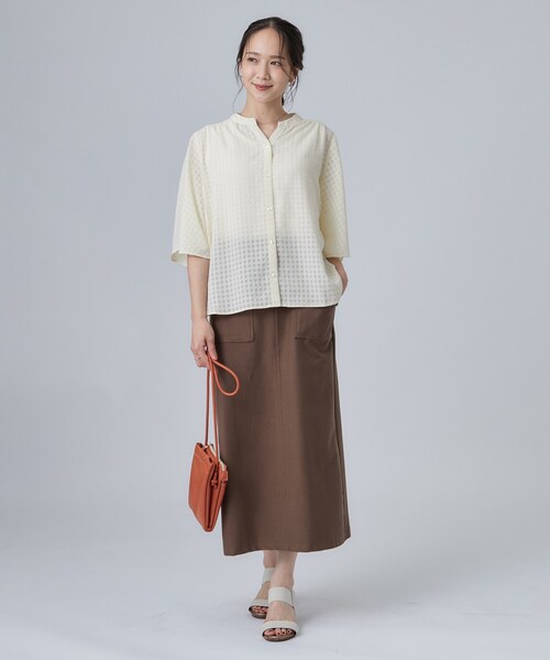 SHOO・LA・RUE(シューラルー)の「【洗濯機可/S-LL】二の腕隠せる 5分袖ギンガムシアーブラウス(シャツ/ブラウス・レディース・ブラック/アイボリー/ブラウン系・01/02/03/04)」の6枚目の写真