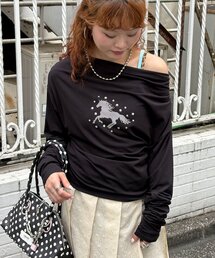 ホースグラフィックドレープネックロンTee