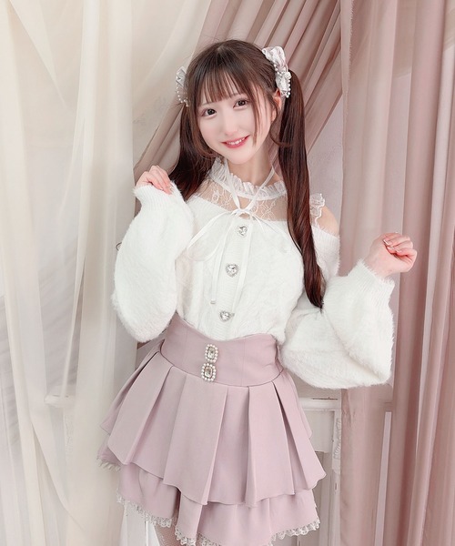 MA*RS(アメーバーマーズ)の「ハートボタン肩開きシャギーニット(ニット/セーター・レディース・ホワイト/ピンク・FREE)」の3枚目の写真