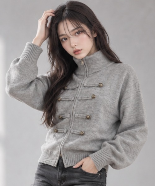 center i(センターアイ)の「ナポレオンデザイン スタンドカラージップニットカーディガン(カーディガン/ボレロ・レディース・グレー/オフホワイト・FREE)」の10枚目の写真