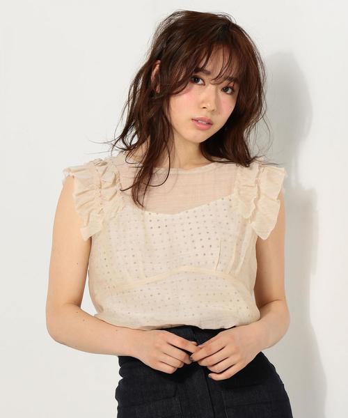 Jewel Changes（ジュエルチェンジズ）の「〓JOC シアー フリル プルオーバー×ドット キャミソール / 2点セット（シャツ/ブラウス・レディース・ブラック/オフホワイト・FREE）」の2枚目の写真