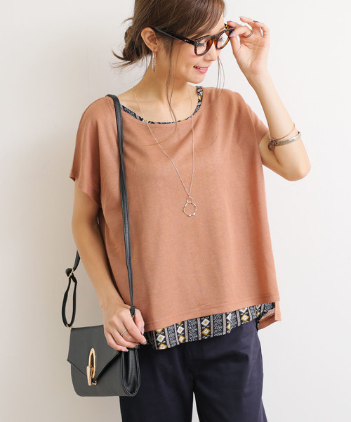 andme(アンドミー)の「ネックレス付き半袖ニットソードルマンブラウス(Tシャツ/カットソー・レディース・ブラック/ブラウン系その他/ボルドー・M/L)」の2枚目の写真