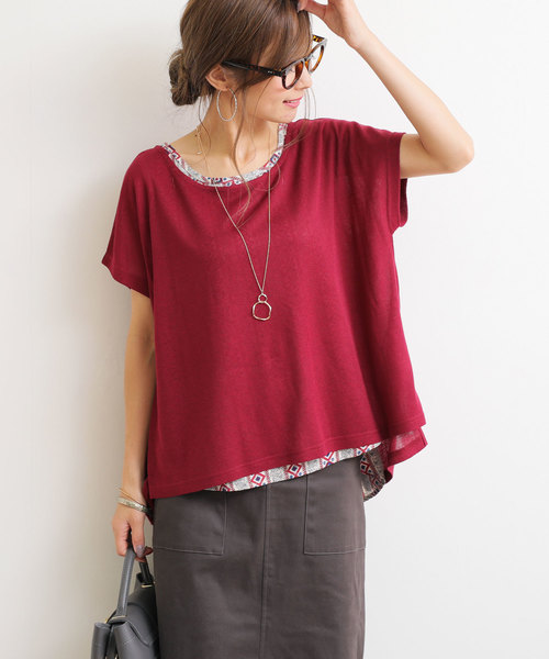 andme(アンドミー)の「ネックレス付き半袖ニットソードルマンブラウス(Tシャツ/カットソー・レディース・ブラック/ブラウン系その他/ボルドー・M/L)」の3枚目の写真