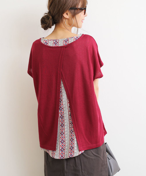 andme(アンドミー)の「ネックレス付き半袖ニットソードルマンブラウス(Tシャツ/カットソー・レディース・ブラック/ブラウン系その他/ボルドー・M/L)」の7枚目の写真