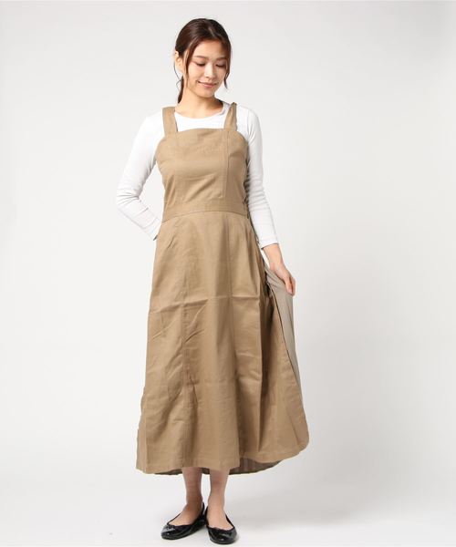 STYLEBLOCK（スタイルブロック）の「バックプリーツ切替ジャンパースカートロングワンピース（ジャンパースカート・レディース・ブラック/ベージュ/カーキ/キャメル・M）」の3枚目の写真