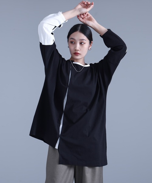 kOhAKU(コハク)の「アシンメトリー配色タックカットソー(Tシャツ/カットソー・レディース・ブラック/オフホワイト・1/2)」の13枚目の写真