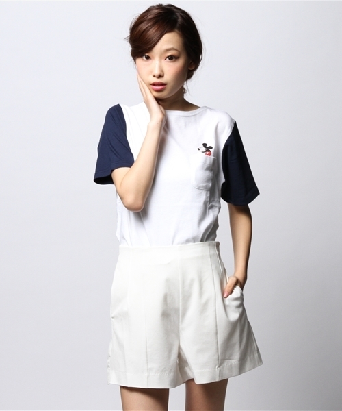 ROSE BUD(ローズバッド)の「S-LCTT-14128 PATCHPK MICKEY S/S-T(Tシャツ/カットソー・レディース・ホワイト/ストライプ・ONE SIZE)」の1枚目の写真