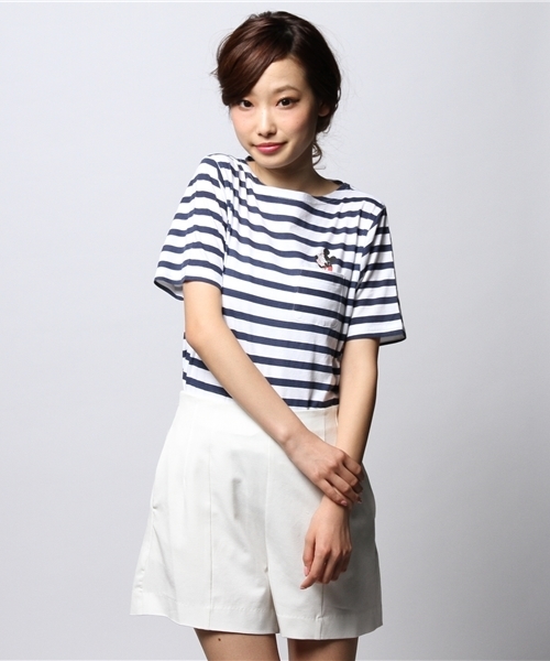 ROSE BUD(ローズバッド)の「S-LCTT-14128 PATCHPK MICKEY S/S-T(Tシャツ/カットソー・レディース・ホワイト/ストライプ・ONE SIZE)」の2枚目の写真
