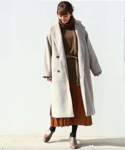 n'ee-ne（ネーネ）の「フェイク杢メルトンダブルコート（チェスターコート・レディース・ブラック/モカ/テラコッタ/オートミール/オレンジ・FREE）」の2枚目の写真