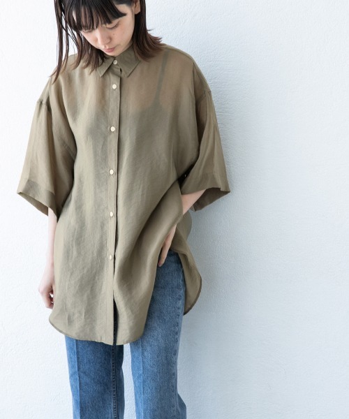 yuw（ユウ）の「シアーシャツＳＳ　887886（シャツ/ブラウス・レディース・オフホワイト/ベージュ/カーキ/パープル・FREE）」の3枚目の写真