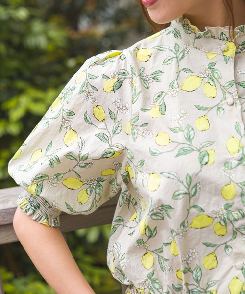 新品未使用タグ付き。レモンコレクション♡ブラウス Libby&Rose（リビーアンドローズ）の「レモン柄5分袖スタンドブラウス