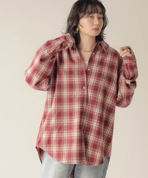 Bab(バブ)の「【WEB限定】ビッグシルエット起毛チェックシャツ(シャツ/ブラウス)」|レッド