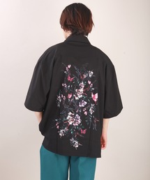 バックプリント バタフライ 花柄半袖シャツ/ローズシャツ