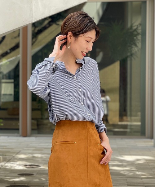 un dix cors（アンディコール）の「上品な印象を演出 ストライプパール釦チュニック（シャツ/ブラウス・レディース・オフホワイト/カーキ/ネイビー・FREE）」の18枚目の写真