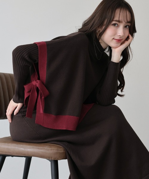 BLUEEAST（ブルーイースト）の「《お気に入り4.5万人突破！／シャギー素材追加／選べる着丈》サイドリボンケープニットベスト＆リブニットワンピース セットアップ（ワンピース・レディース・ブラック/ベージュ/グレー/テラコッタ/ブラウン/ブルー/パープル/グリーン/アイボリー系/ブラウン系その他/ブラック系/グレイッシュベージュ/ベージュ系2/ブラック系2/ベージュ系/チャコールグレー/グレー系/ネイビー/ブラウン系2/グレー系2・MEDIUM/LONG）」の12枚目の写真