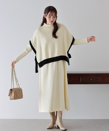 BLUEEAST | サイドリボンケープニットベスト＆リブニットワンピース セットアップ＊選べる2丈(ワンピース)