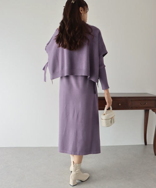サイドリボンケープニットベスト＆リブニットワンピースセットアップ＊選べる2丈