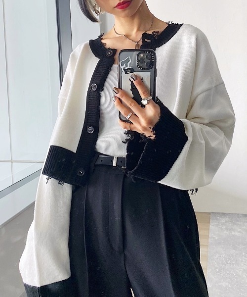 PAGEBOY（ページボーイ）の「WEB限定アイテム / ダメージショートカーディガン（カーディガン/ボレロ・レディース・グリーン/ピンク/ホワイト×ブラック/ブラック/ブルー・FREE）」の2枚目の写真