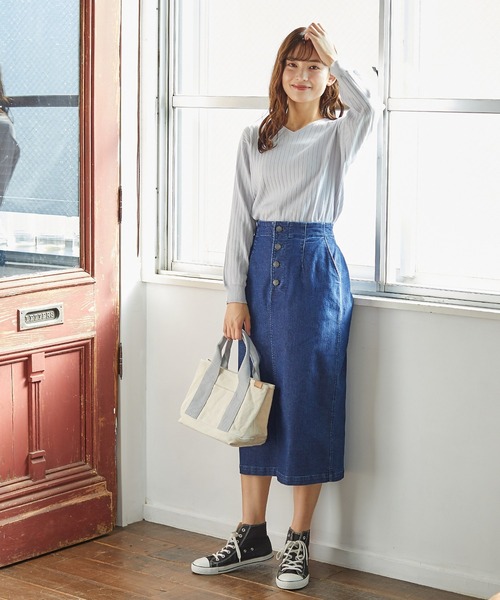 Honeys（ハニーズ）の「前釦ナロースカート（スカート・レディース・アイボリー/スミクロ/ラベンダー/インディゴブルー/ブルー/ライトカーキ/ベージュ/ブラウン/ブラック・S/M/L）」の21枚目の写真