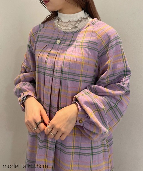 AS KNOW AS PINKY(アズノゥアズピンキー)の「タックたっぷりチェックワンピース(ワンピース・レディース・ブラック系/グリーン/ネイビー/パープル・FREE)」の7枚目の写真