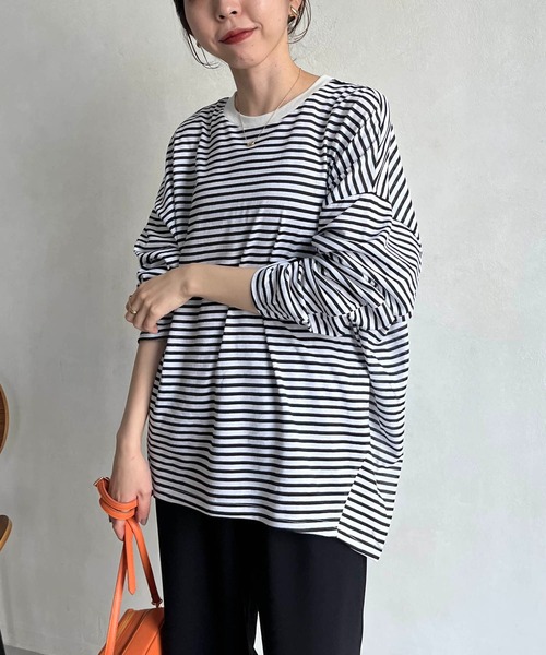 CAPRICIEUX LE'MAGE（カプリシューレマージュ）の「立体スリーブボーダーロンT（Tシャツ/カットソー・レディース・ブラック/ベージュ/レッド・FREE）」の2枚目の写真