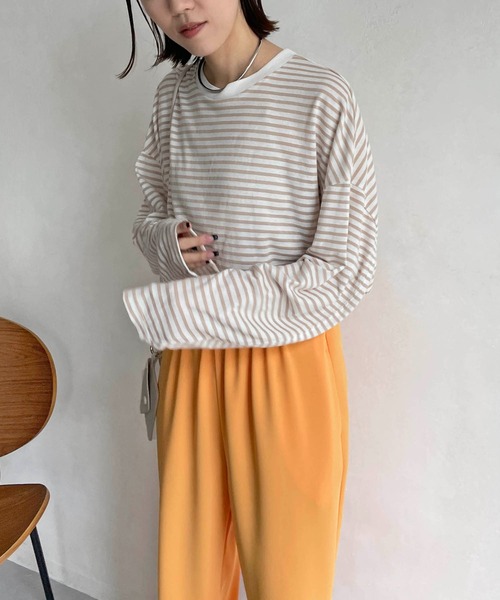 CAPRICIEUX LE'MAGE（カプリシューレマージュ）の「立体スリーブボーダーロンT（Tシャツ/カットソー・レディース・ブラック/ベージュ/レッド・FREE）」の4枚目の写真