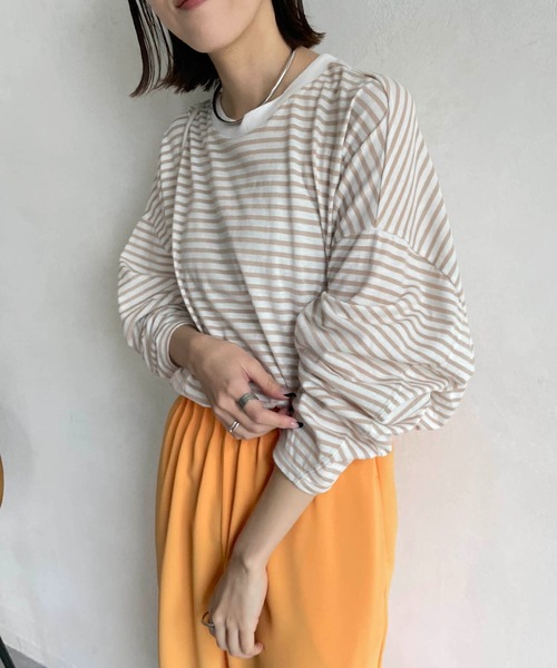 CAPRICIEUX LE'MAGE（カプリシューレマージュ）の「立体スリーブボーダーロンT（Tシャツ/カットソー・レディース・ブラック/ベージュ/レッド・FREE）」の7枚目の写真