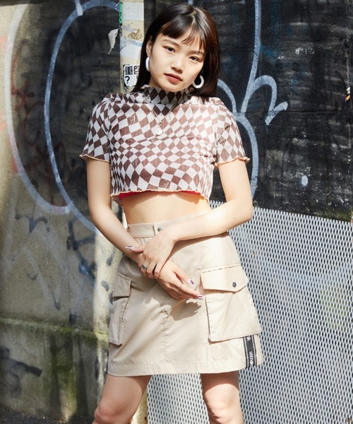 atmos pink（アトモスピンク）の「atmos pink チェッカーリブ配色メロウTP / アトモスピンク チェッカーリブハイショクメロウトップス（シャツ/ブラウス・レディース・ネイビー/ブラウン・FREE）」の5枚目の写真