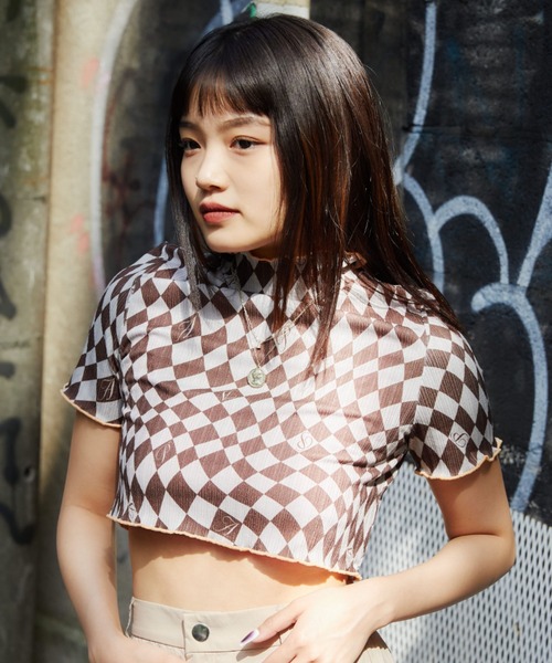 atmos pink（アトモスピンク）の「atmos pink チェッカーリブ配色メロウTP / アトモスピンク チェッカーリブハイショクメロウトップス（シャツ/ブラウス・レディース・ネイビー/ブラウン・FREE）」の4枚目の写真