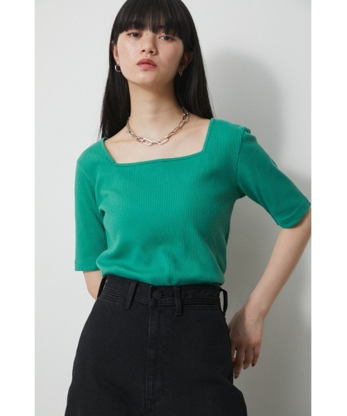 AZUL by moussy(アズールバイマウジー)の「2WAY RIB TOPS/2WAYリブトップス(Tシャツ/カットソー・レディース・オフホワイト/ブラック/グリーン/ベージュ・SMALL/MEDIUM)」の13枚目の写真