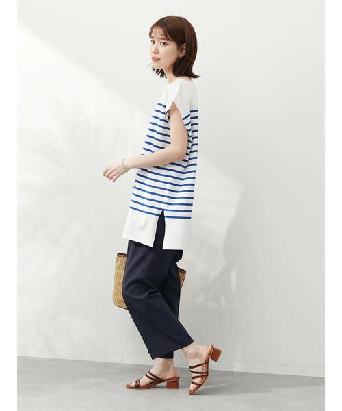 Green　Parks（グリーンパークス）の「パネルボーダーフレンチスリーブチュニック（Tシャツ/カットソー・レディース・ネイビー/ブルー/グリーン・FREE）」の5枚目の写真