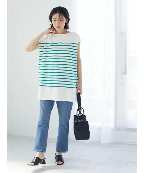 Green　Parks（グリーンパークス）の「パネルボーダーフレンチスリーブチュニック（Tシャツ/カットソー・レディース・ネイビー/ブルー/グリーン・FREE）」の12枚目の写真