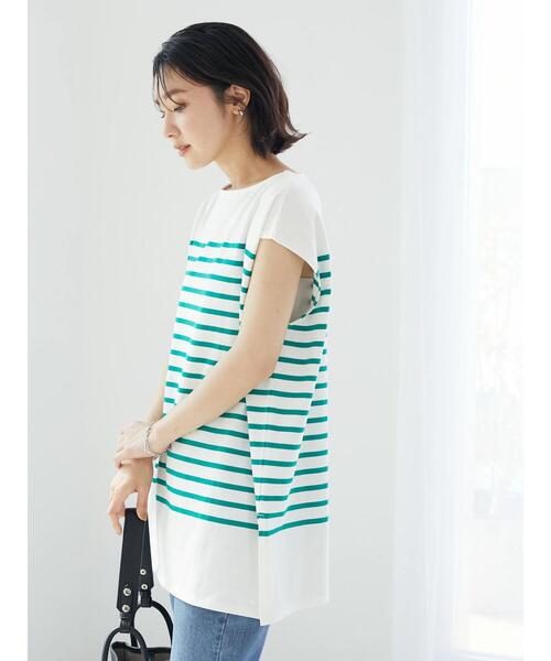 Green　Parks（グリーンパークス）の「パネルボーダーフレンチスリーブチュニック（Tシャツ/カットソー・レディース・ネイビー/ブルー/グリーン・FREE）」の15枚目の写真