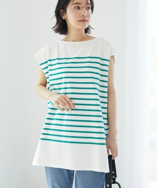 Green　Parks（グリーンパークス）の「パネルボーダーフレンチスリーブチュニック（Tシャツ/カットソー・レディース・ネイビー/ブルー/グリーン・FREE）」の2枚目の写真