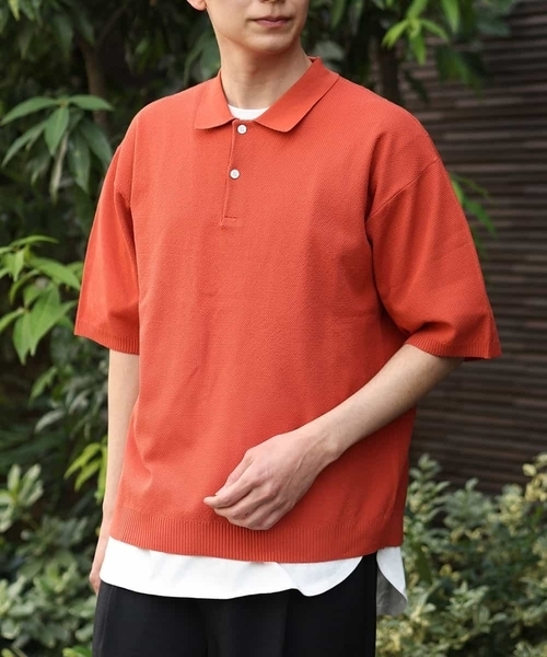 a.v.v(アーヴェヴェ)の「【2SET】ワイドニットポロレイヤードカットソー(ポロシャツ・メンズ・ブラック/オレンジ/グリーン・46/48)」の3枚目の写真