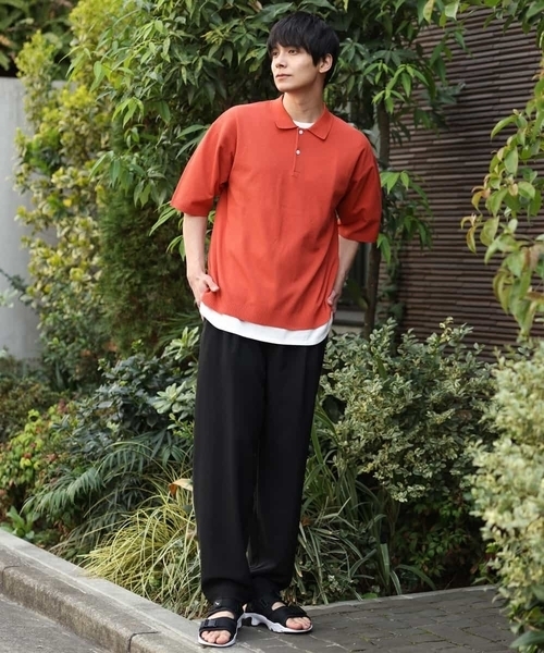 a.v.v(アーヴェヴェ)の「【2SET】ワイドニットポロレイヤードカットソー(ポロシャツ・メンズ・ブラック/オレンジ/グリーン・46/48)」の4枚目の写真