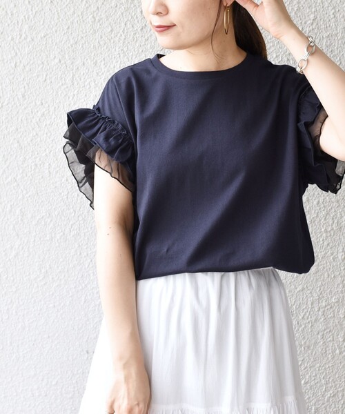 SHIPS(シップス)の「*シアードッキングギャザースリーブカットソー◆(Tシャツ/カットソー・レディース・ライトホワイト/チャコールグレー/ダークブルー/ダークネイビー・ONE SIZE)」の1枚目の写真