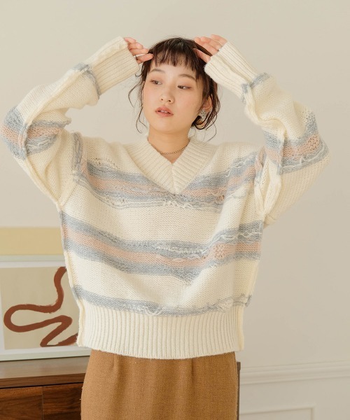 Bab(バブ)の「ニュアンスデザインニットプルオーバー(ニット/セーター・レディース・モカ/オフホワイト/チャコールグレー・FREE)」の16枚目の写真