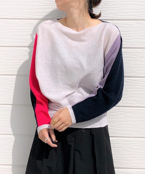 Q（キュー）の「ブロックカラー横リブドルマンニット（ニット/セーター・レディース・ネイビー系/グレー系その他/ホワイト系その他・MEDIUM）」の6枚目の写真